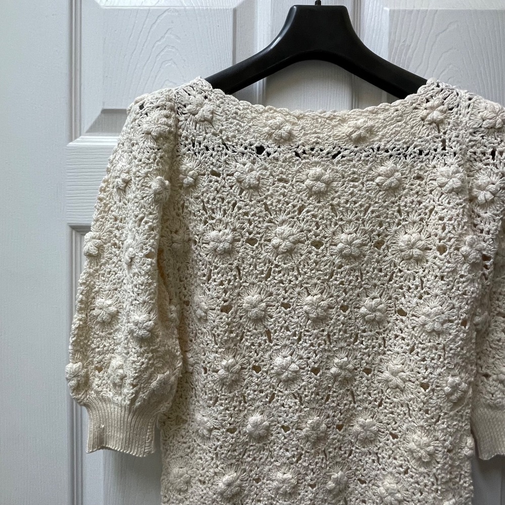 Vintage SK Imports Women's Medium Ivory Hand Knit Crochet Sweater 100% Cotton